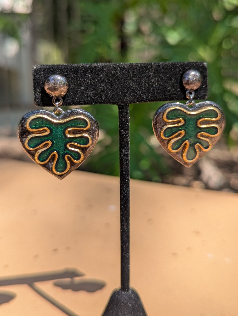 YVES SAINT LAURENT YSL 1988 Heart Gilt Black Green Enamel Leaf Drop Earrings LE - Picture 9 of 9